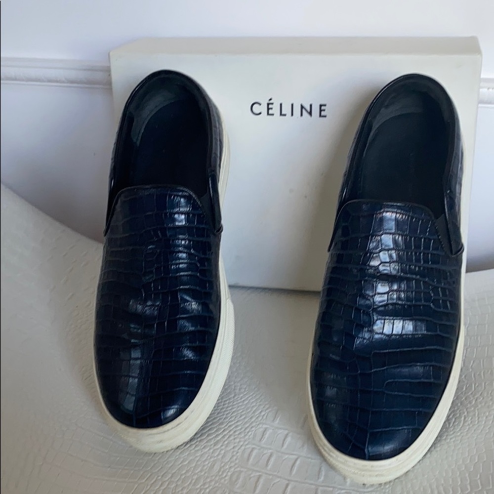 Celine Slip-On Embossed Leather Sneakers -Navy